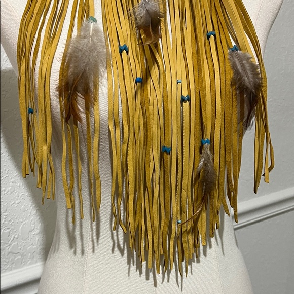 Natural Leather Fringe Necklace with Feathers and Turquoise Beads - Picture 7 of 7